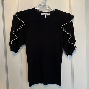Frame Denim Black with White Trim Ruffled Sweater T - Small Never Worn